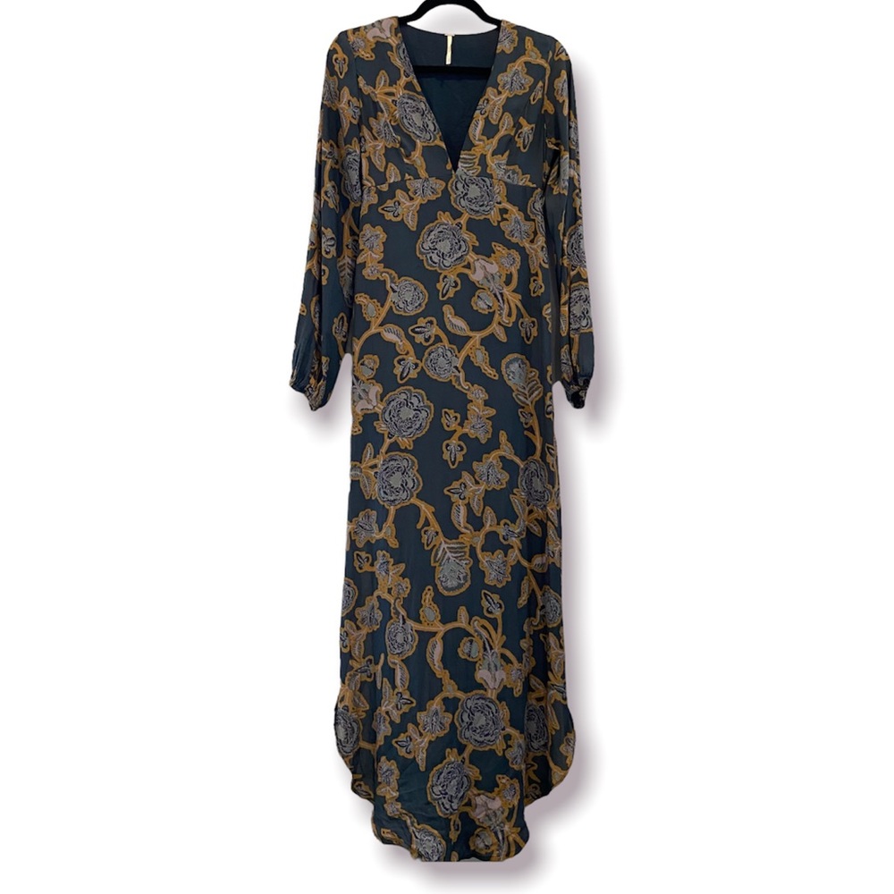 FREE PEOPLE Maxi Dress Boho Floral Long Sleeves V-Neck Size 0